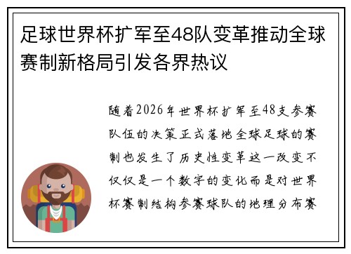 足球世界杯扩军至48队变革推动全球赛制新格局引发各界热议