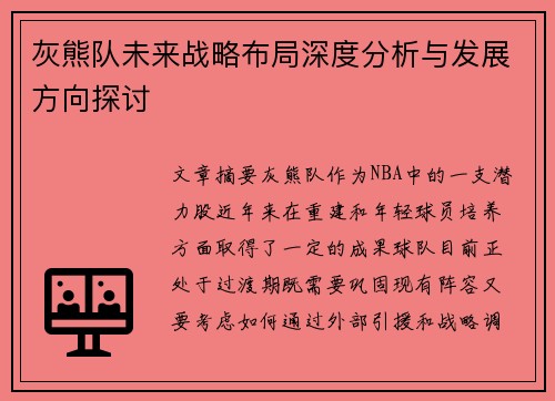 灰熊队未来战略布局深度分析与发展方向探讨